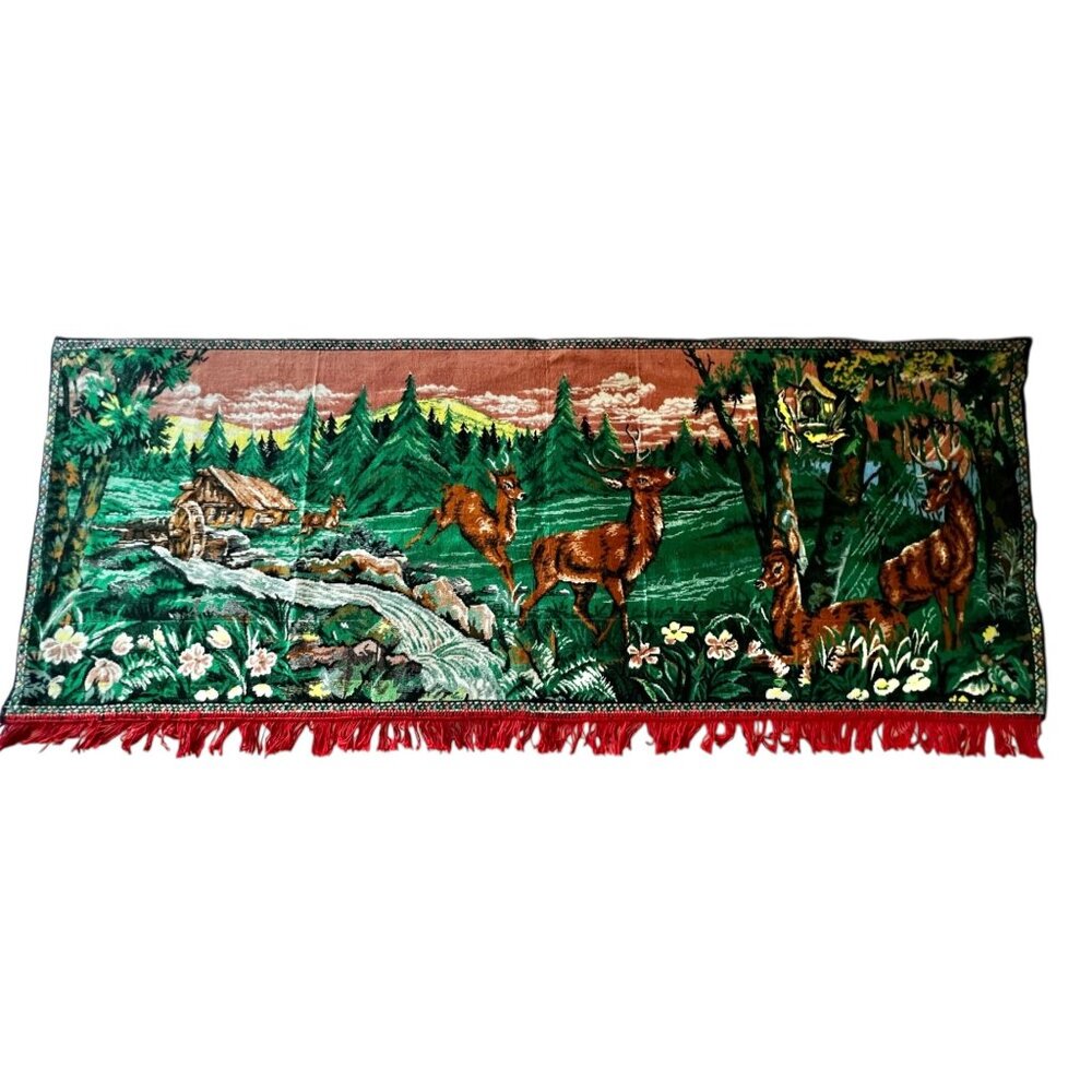 Woodland Scene Tapestry With Deer Watermill Velvet 66X28 Red Cotton Fringe
